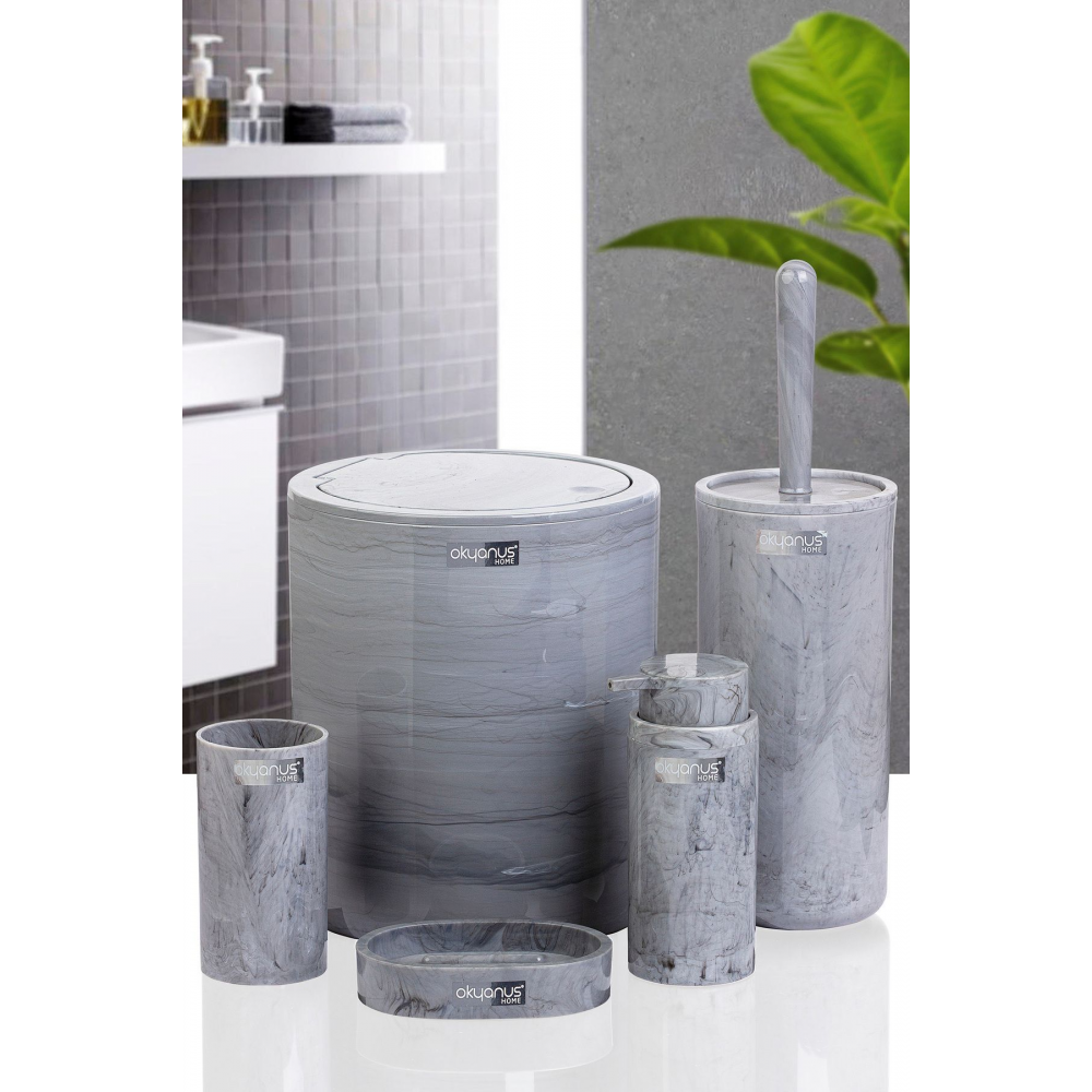 Yuvarlak Mermer Desenli 5'li Banyo Seti