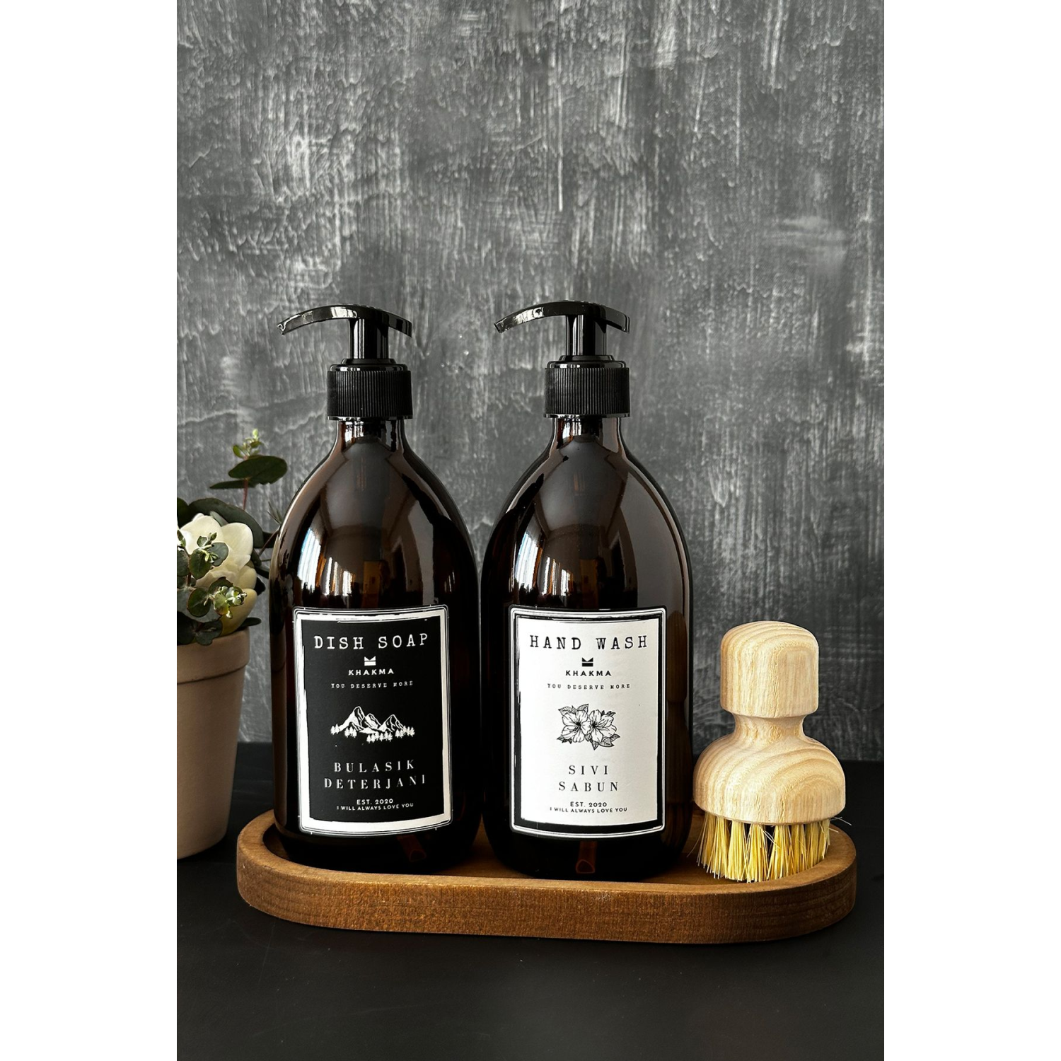 Ahşap Stantlı 2'li Amber Cam Sıvı Sabun Bulaşık Deterjanı Şişesi Sabunluk 500ml Stantlıbhsd