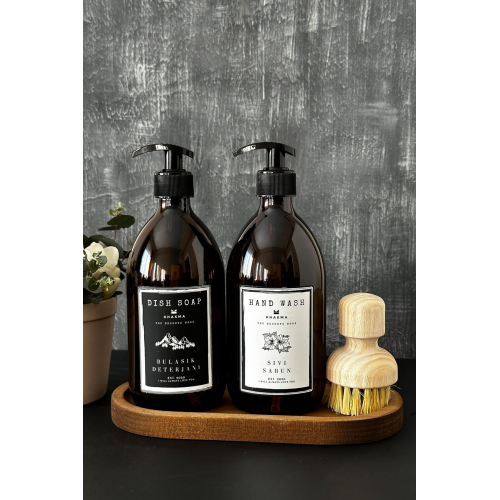 Ahşap Stantlı 2'li Amber Cam Sıvı Sabun Bulaşık Deterjanı Şişesi Sabunluk 500ml Stantlıbhsd