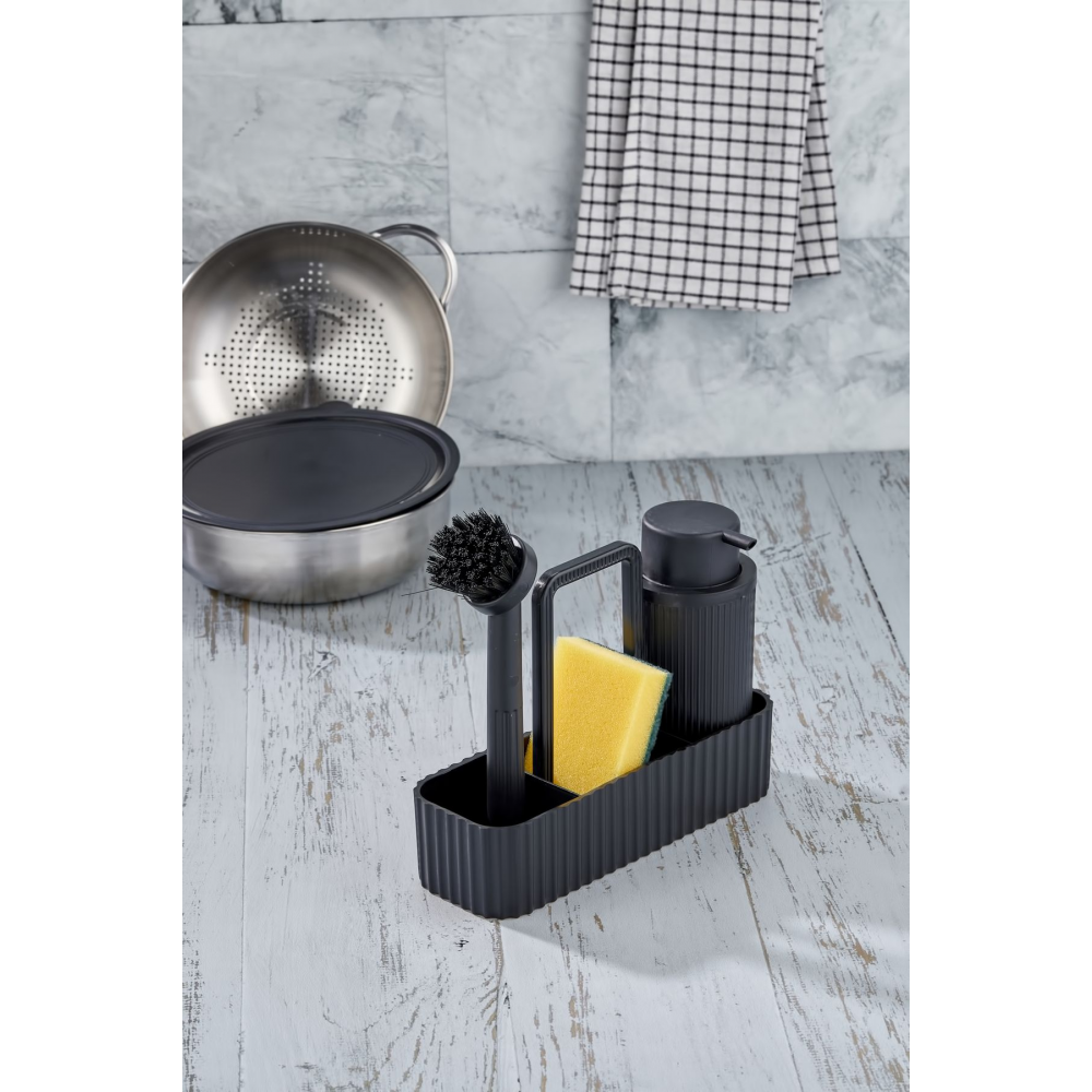 Lüx Mutfak Seti - Oval Hazneli Sıvı Sabunluk Süngerlik Bulaşık Fırça Seti