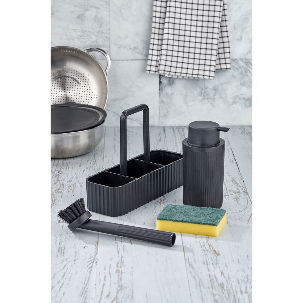 Lüx Mutfak Seti - Oval Hazneli Sıvı Sabunluk Süngerlik Bulaşık Fırça Seti