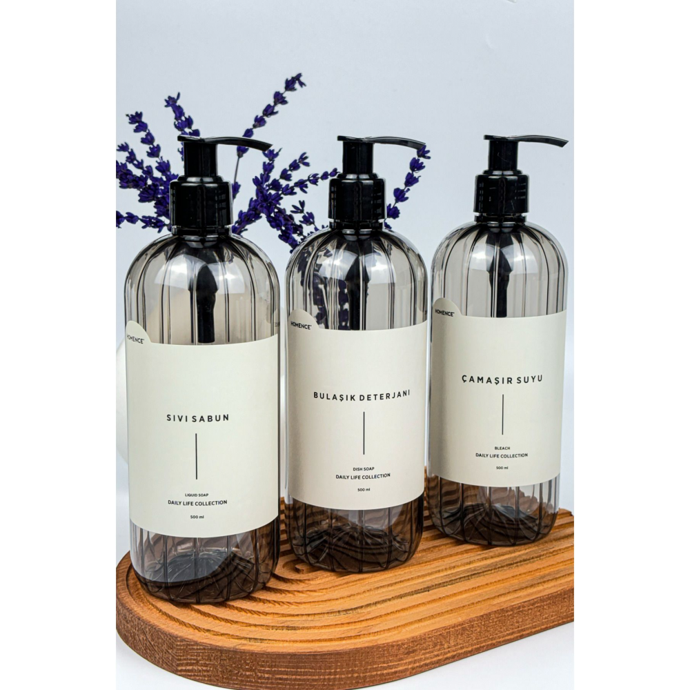 Sıvı Sabun Bulaşık Deterjanı Çamaşır Suyu Etiketliı Plastik Şişe Mutfak Seti 3'lü Füme 500ml