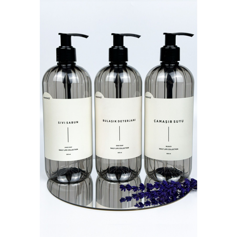 Sıvı Sabun Bulaşık Deterjanı Çamaşır Suyu Etiketliı Plastik Şişe Mutfak Seti 3'lü Füme 500ml