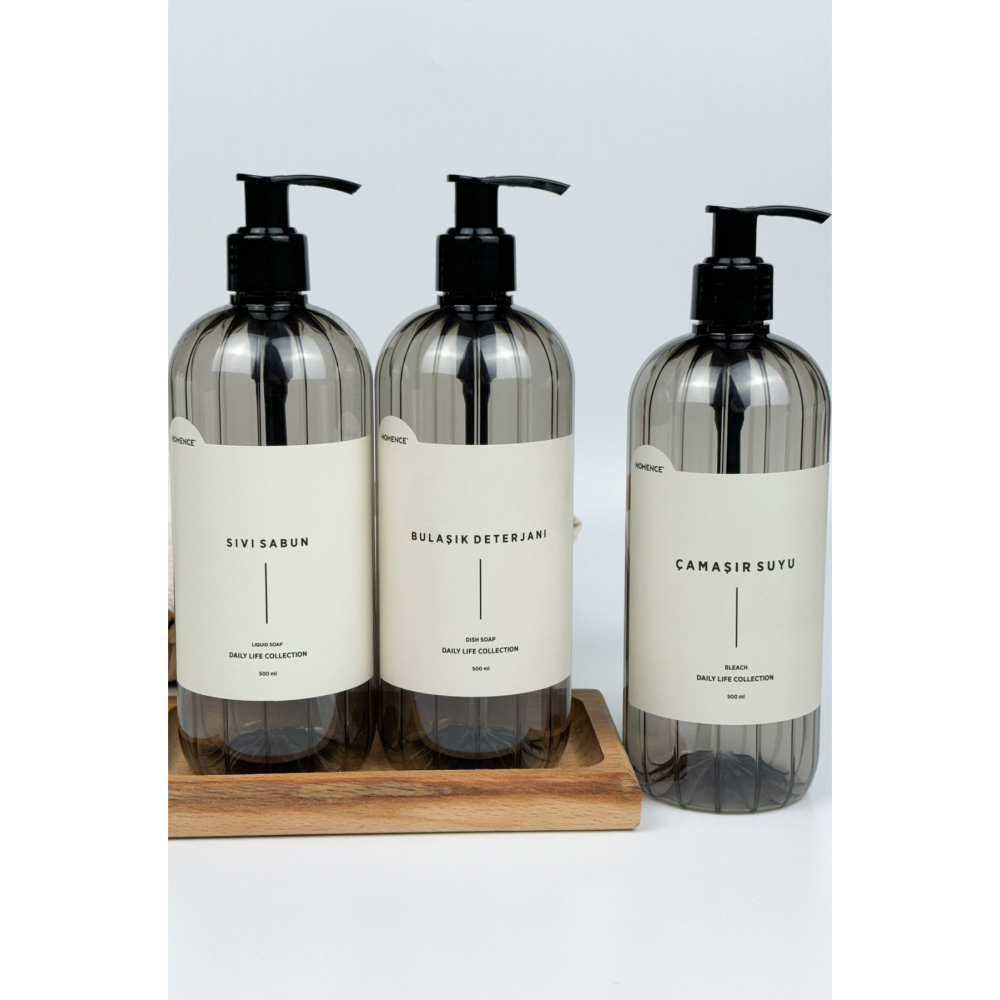 Sıvı Sabun Bulaşık Deterjanı Çamaşır Suyu Etiketliı Plastik Şişe Mutfak Seti 3'lü Füme 500ml