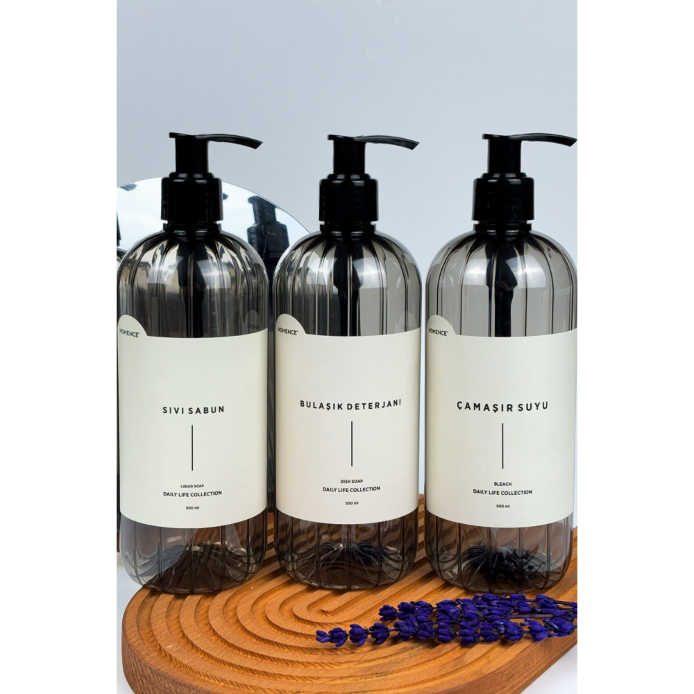 Sıvı Sabun Bulaşık Deterjanı Çamaşır Suyu Etiketliı Plastik Şişe Mutfak Seti 3'lü Füme 500ml