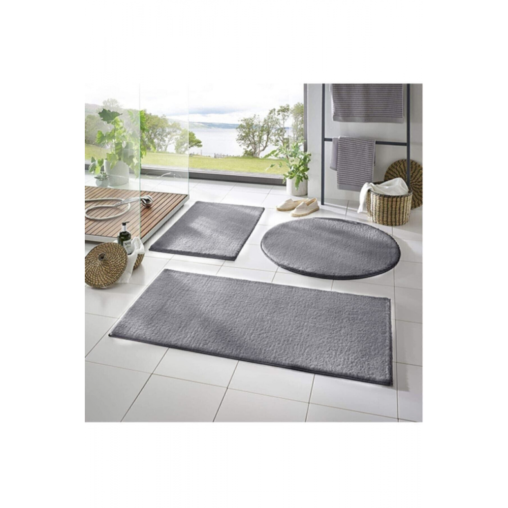 3'lü Banyo Paspası Halısı Peluş Halı Klozet Takımı Açık Gri 60x100 60x40 60x60(YUVARLAK)