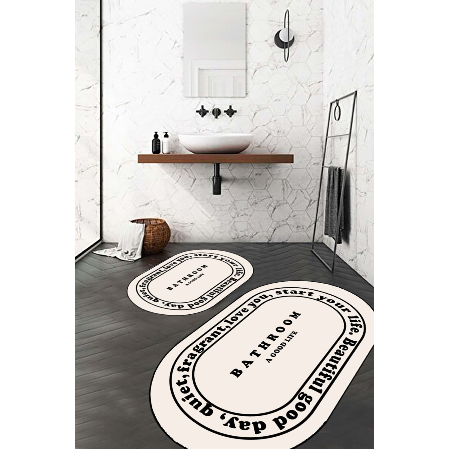 Kaymaz Taban, Banyo,paspası, Bathroom Yazılı, Estetik, Oval, 2'li Klozet Takımı