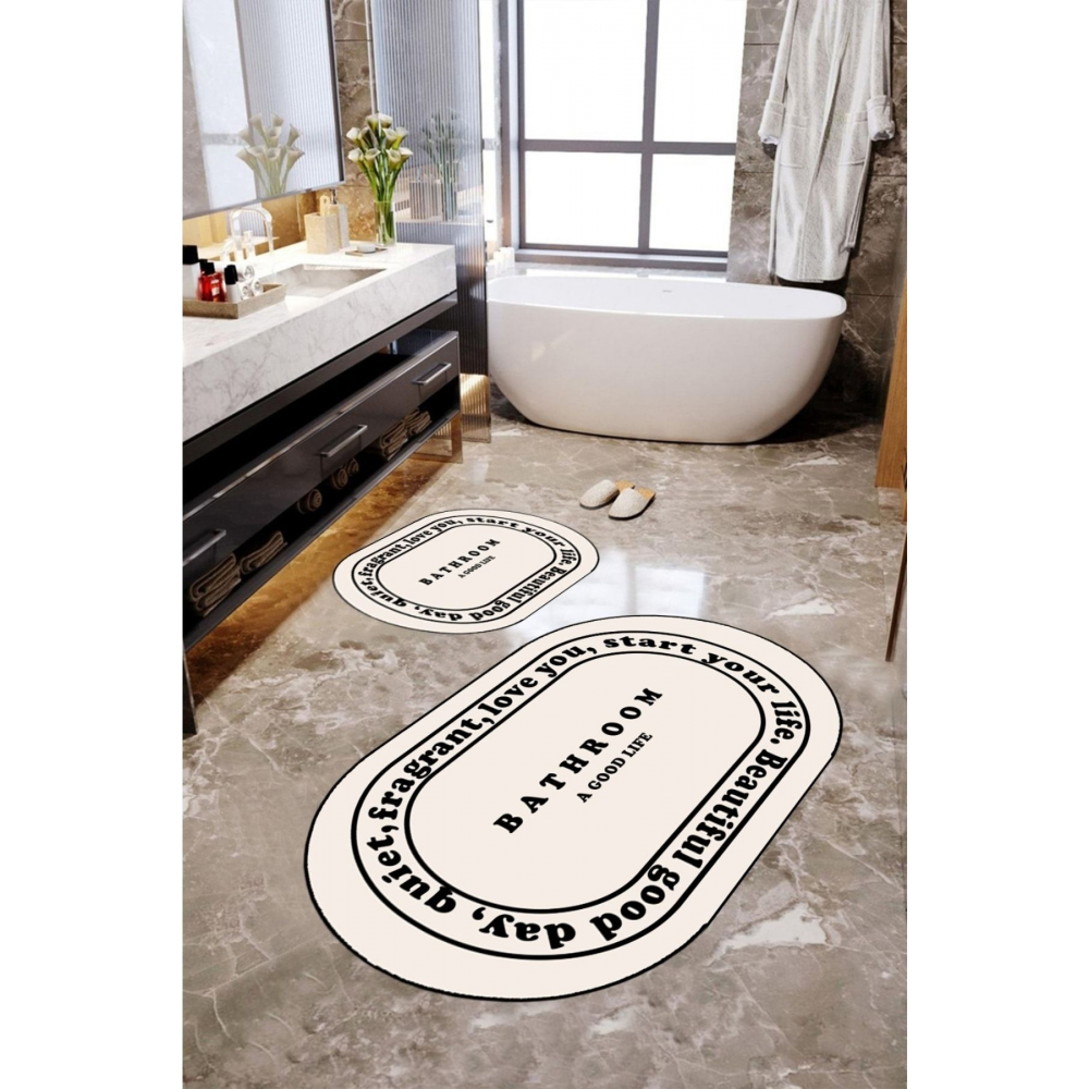 Kaymaz Taban, Banyo,paspası, Bathroom Yazılı, Estetik, Oval, 2'li Klozet Takımı