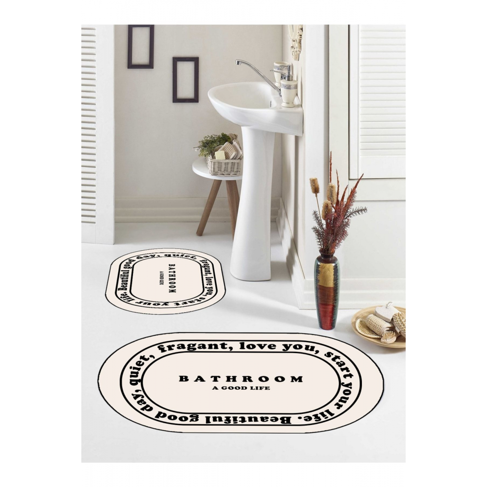 Kaymaz Taban, Banyo,paspası, Bathroom Yazılı, Estetik, Oval, 2'li Klozet Takımı