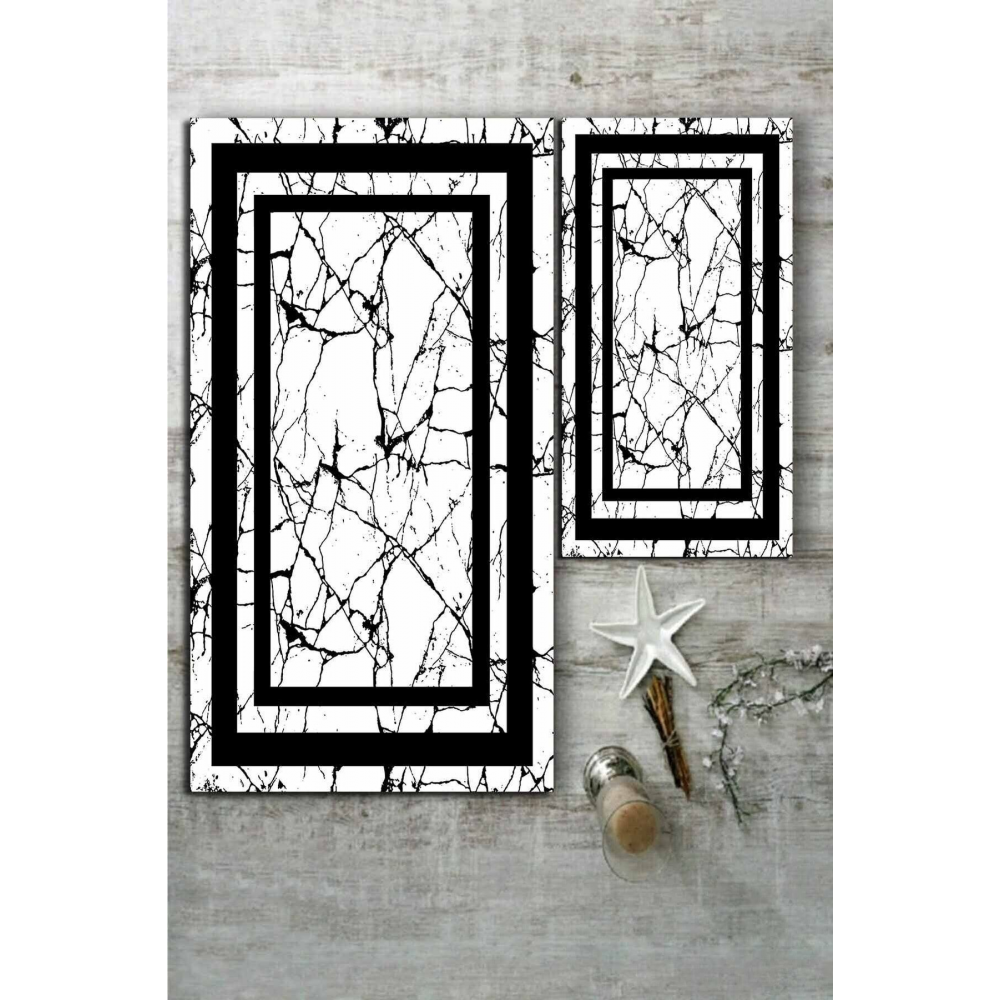 Şerit Detaylı Mermer Desenli 2'li Banyo Paspas Takımı (60x100/40x60) - Wlly217