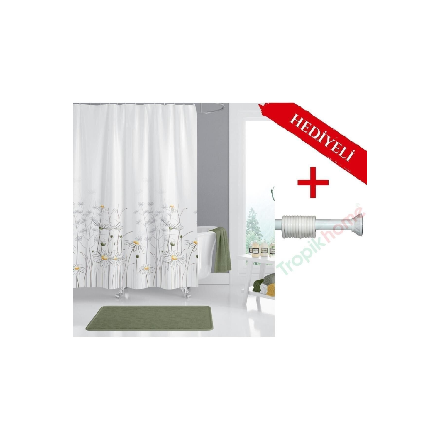 Banyo Perdesi Papatya Çiçek Desen Duş Perdesi, Askı Aparatı Hediyeli 180x200 C Halkalı Duş Perdesi