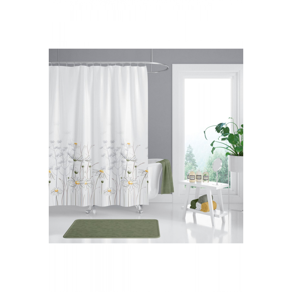 Banyo Perdesi Papatya Çiçek Desen Duş Perdesi, Askı Aparatı Hediyeli 180x200 C Halkalı Duş Perdesi