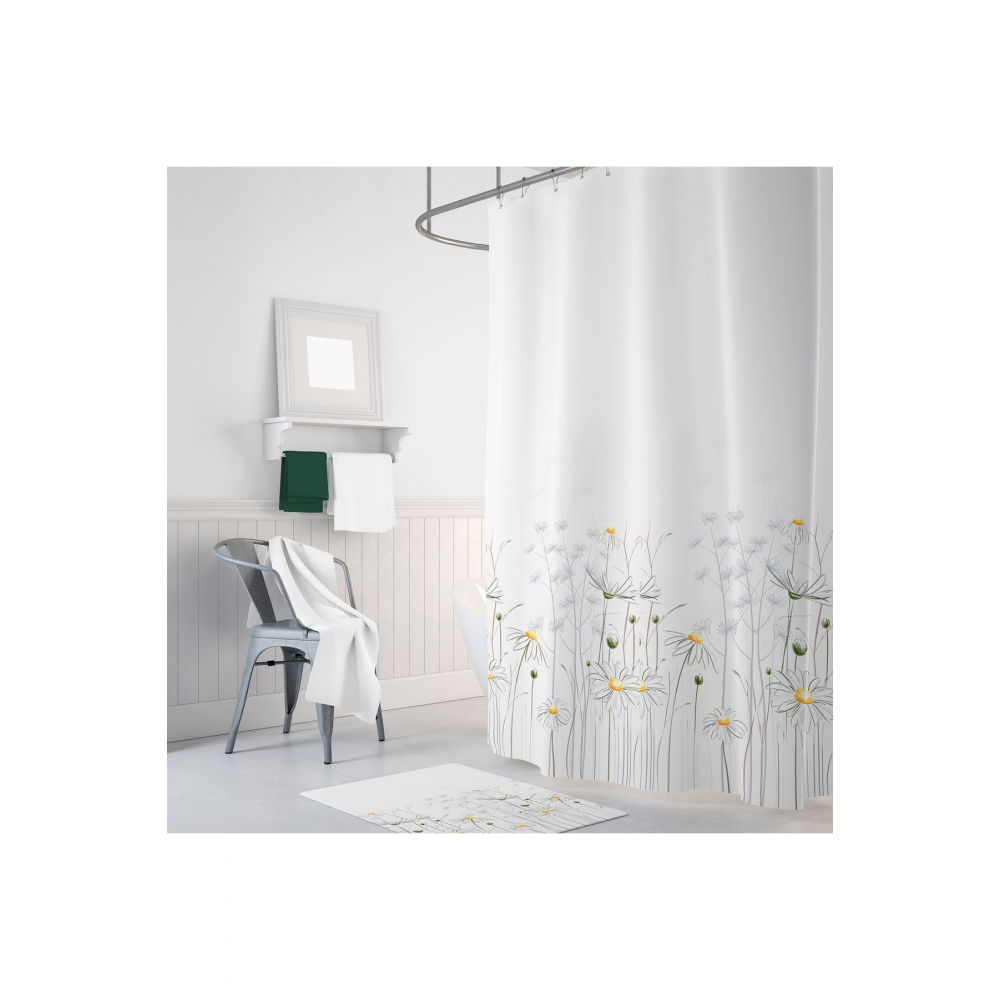Banyo Perdesi Papatya Çiçek Desen Duş Perdesi, Askı Aparatı Hediyeli 180x200 C Halkalı Duş Perdesi