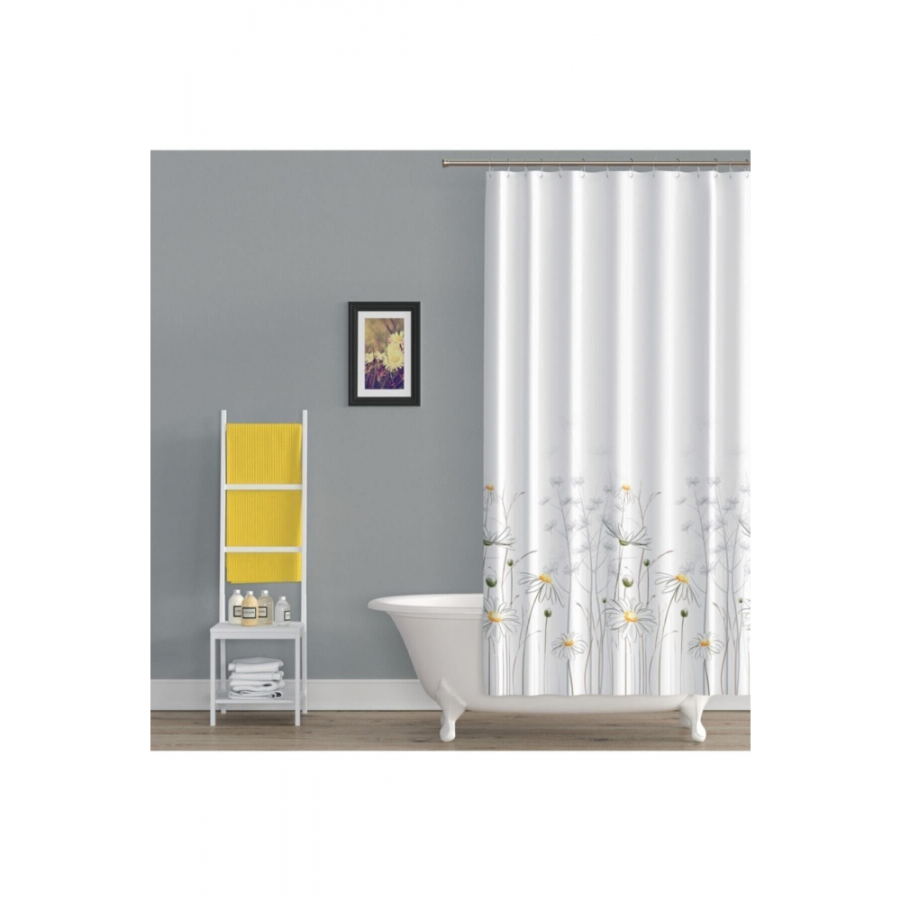 Papatya Desenli Duş Perdesi, Çiçekli Banyo Perdesi 12 Adet C Halka Hediyeli Küvet Perdesi 180x200cm