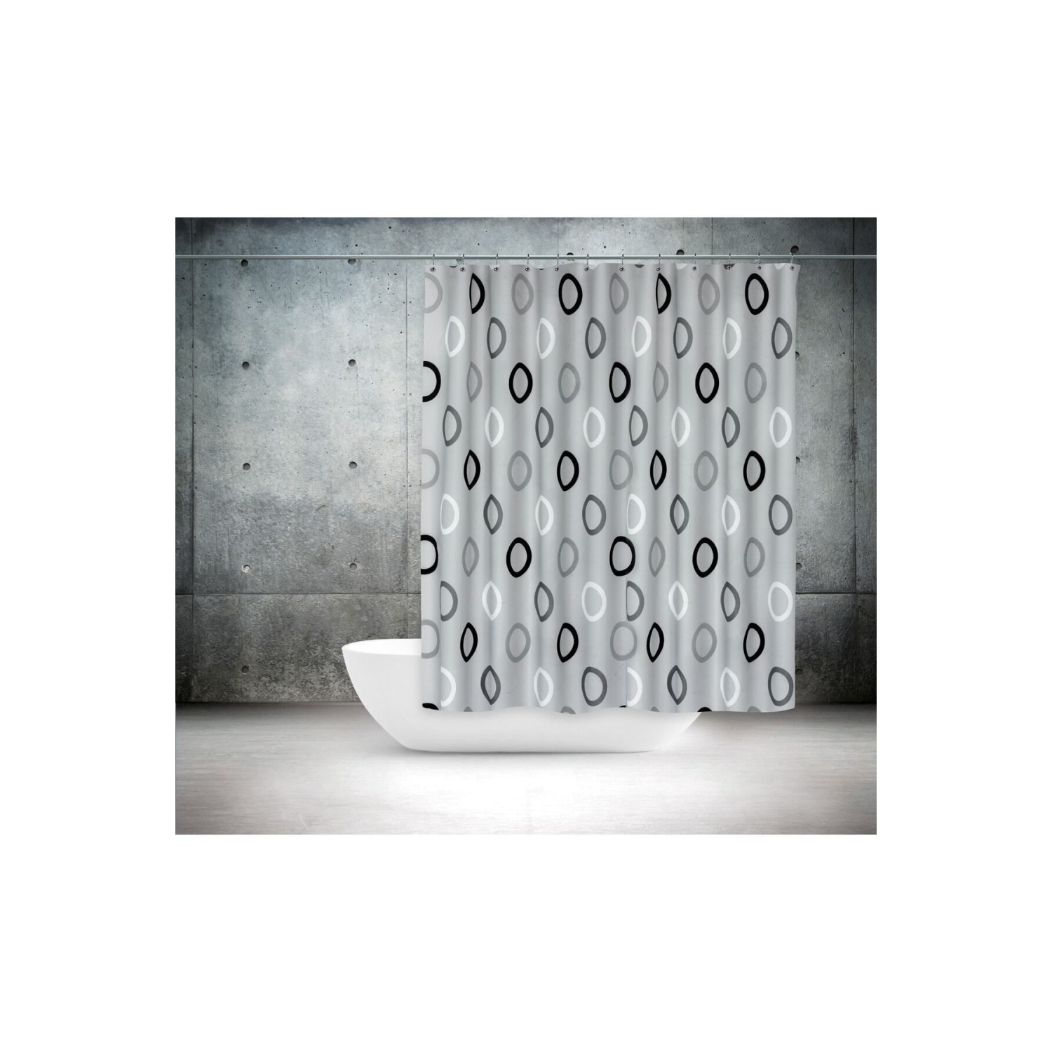 Polyester Kumaş Geometrik Desen Gri Banyo Perdesi Yerli Üretim Duş Perdesi Plastik C-halka Hediye