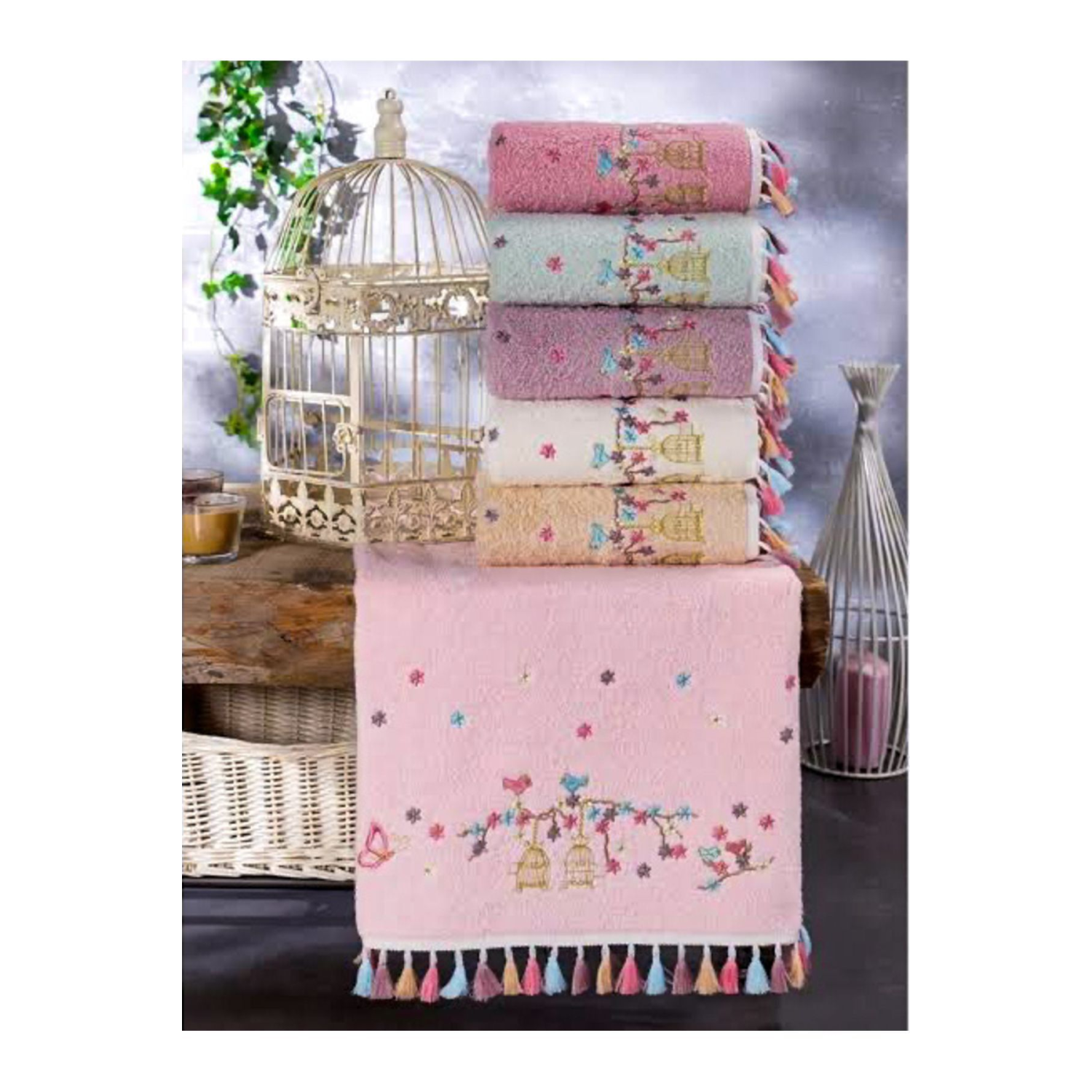 Pamuklu Flora Kafes Nakışlı Püsküllü 6 Lı 30x50 Mutfak Havlu Seti