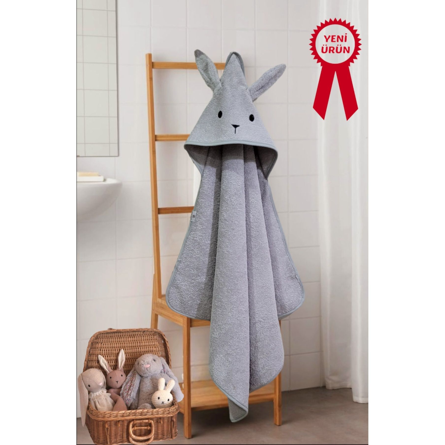 %100 Pamuklu Yumuşacık Kız- Erkek Bebek Banyo Havlu Kundak Gri/ Tavşan