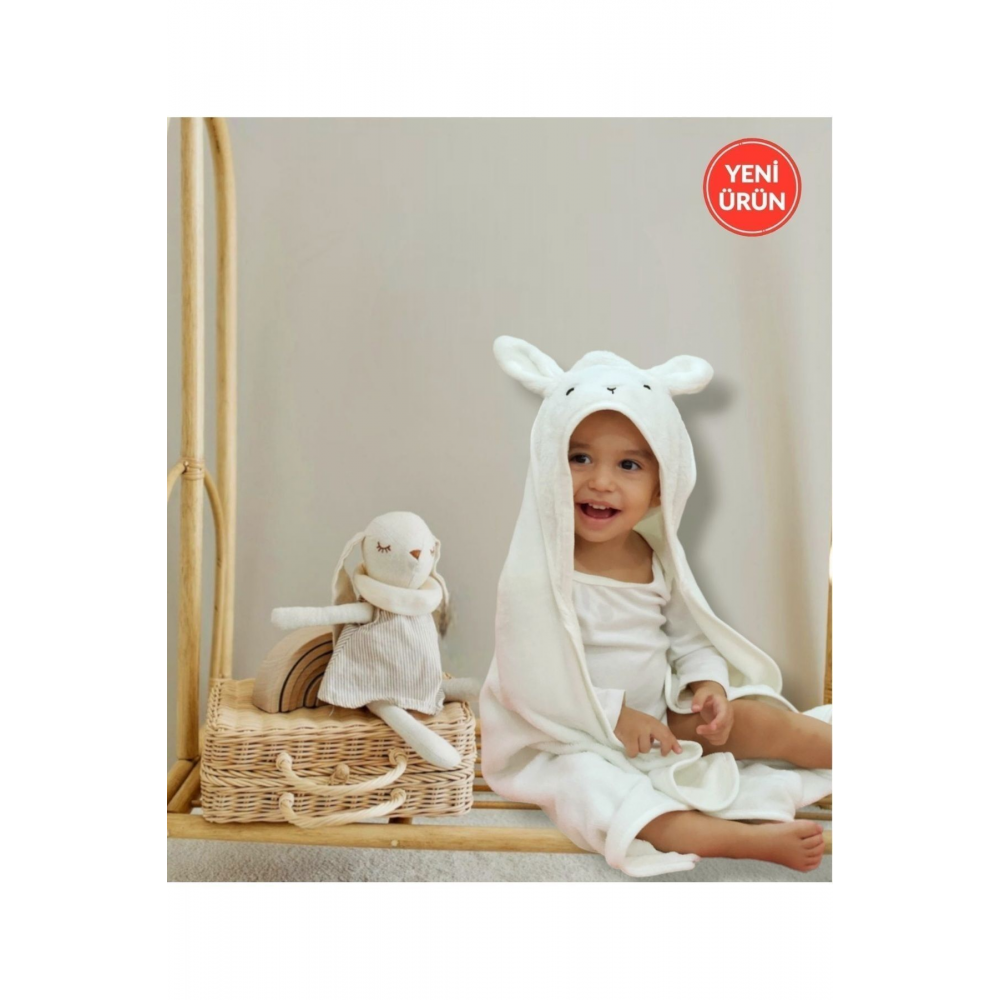Yumuşacık Pamuklu Kız-erkek Yenidoğan/bebek Banyo Kundak Havlusu Ekru/tavşan