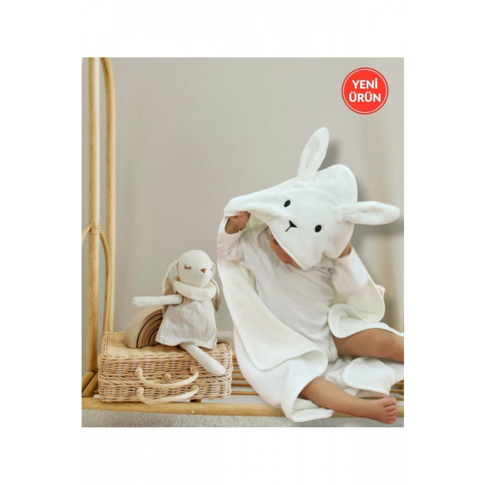 Yumuşacık Pamuklu Kız-erkek Yenidoğan/bebek Banyo Kundak Havlusu Ekru/tavşan