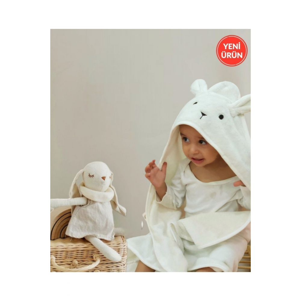 Yumuşacık Pamuklu Kız-erkek Yenidoğan/bebek Banyo Kundak Havlusu Ekru/tavşan