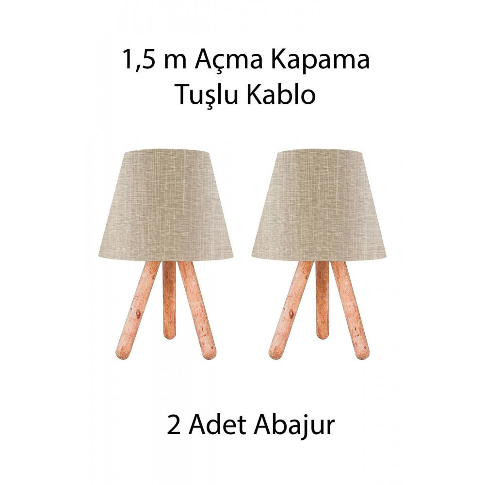 Tasarım Ahşap Üç Ayaklı Abajur Bal Rengi Kabma Dokulu Başlık 2 Adet