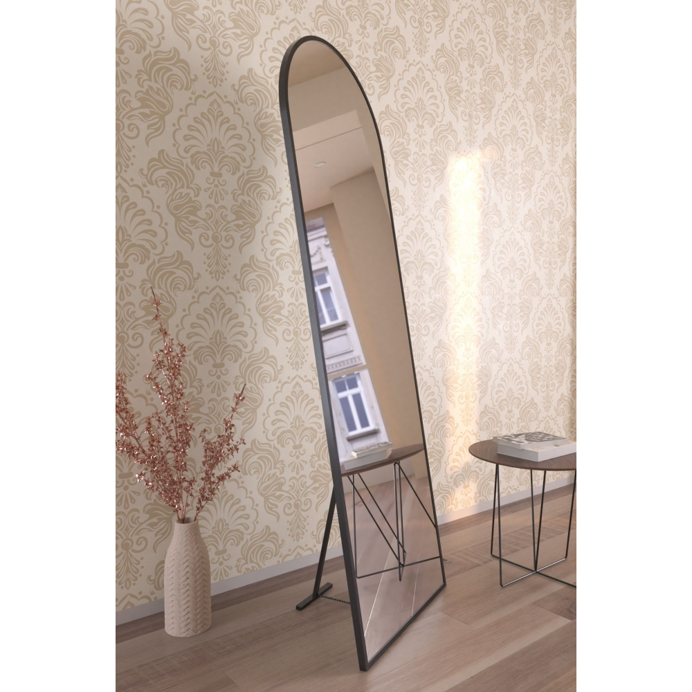 Oval Siyah Metal Çerçeveli Ayaklı Influencer Boy Aynası 180x60cm