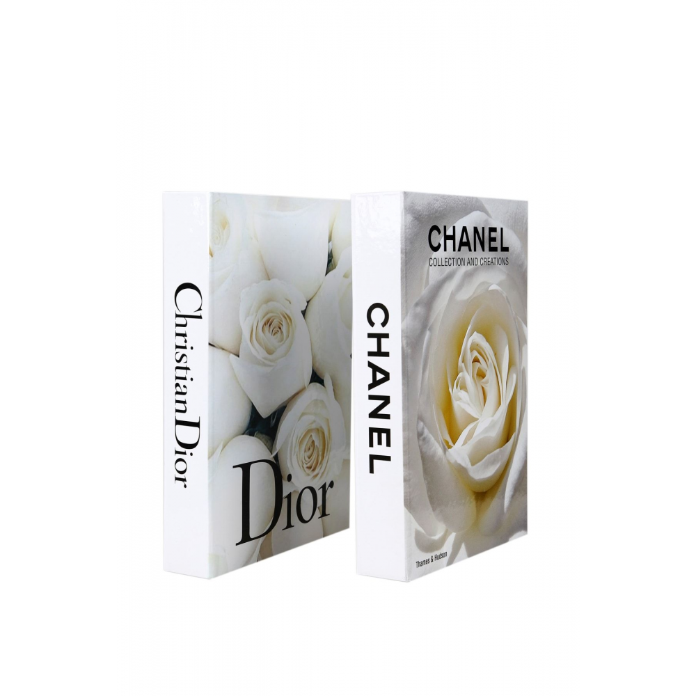 2'li Chanel Beyaz Gül/Dior Beyaz Gül Dekoratif Kitap Kutu