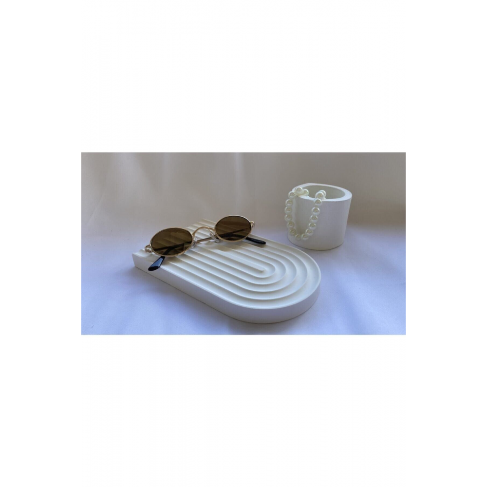 Dekoratif Geometrik Çizgili Beton Tabak Beton Takı Tabağı Mum Tabağı Organizer