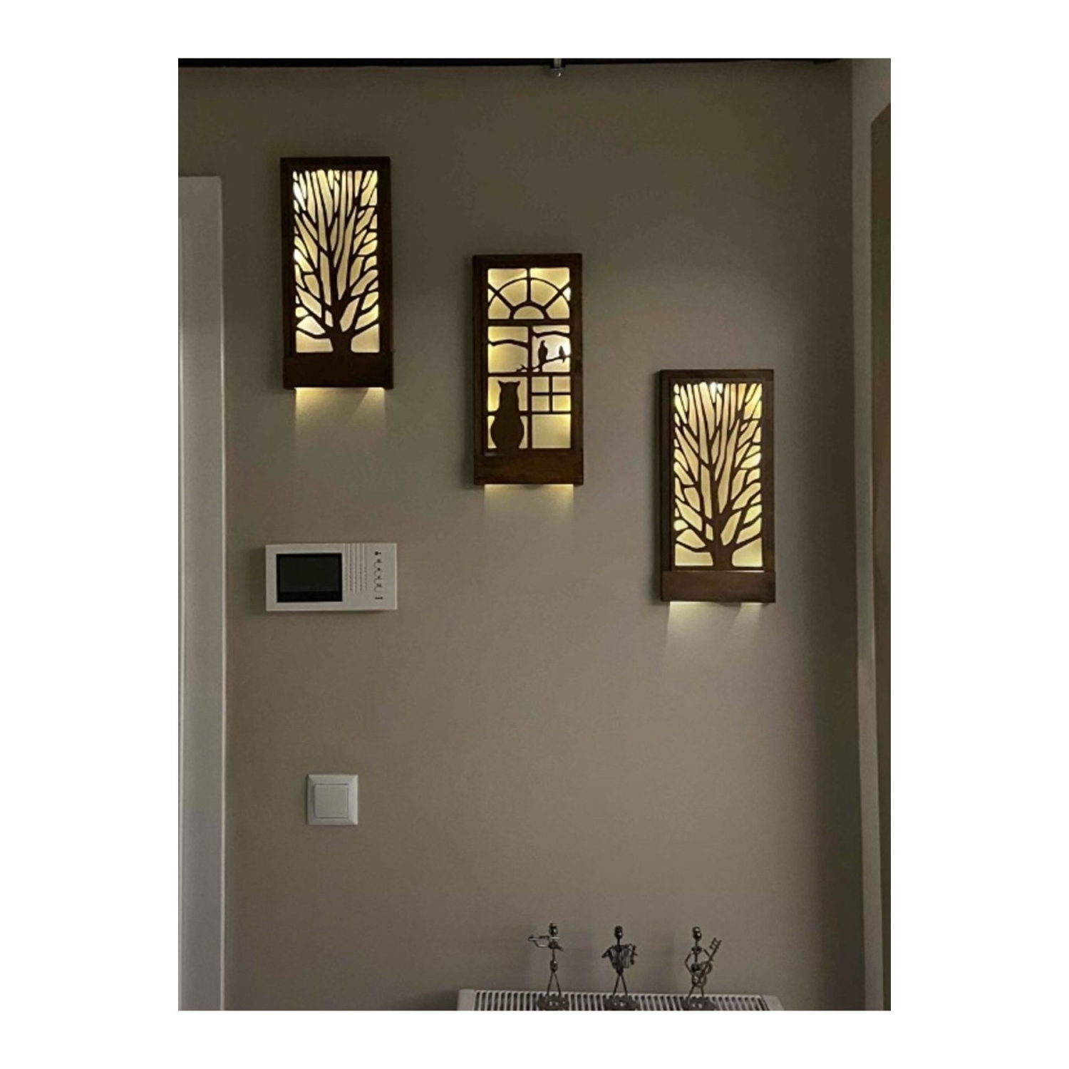 3 Lü Set Piller Dahil Peri Ledli Masif Ahşap Tablo Ev Hediyesi Hol Antre Gece Lamba 36x18 Duvar Süsü