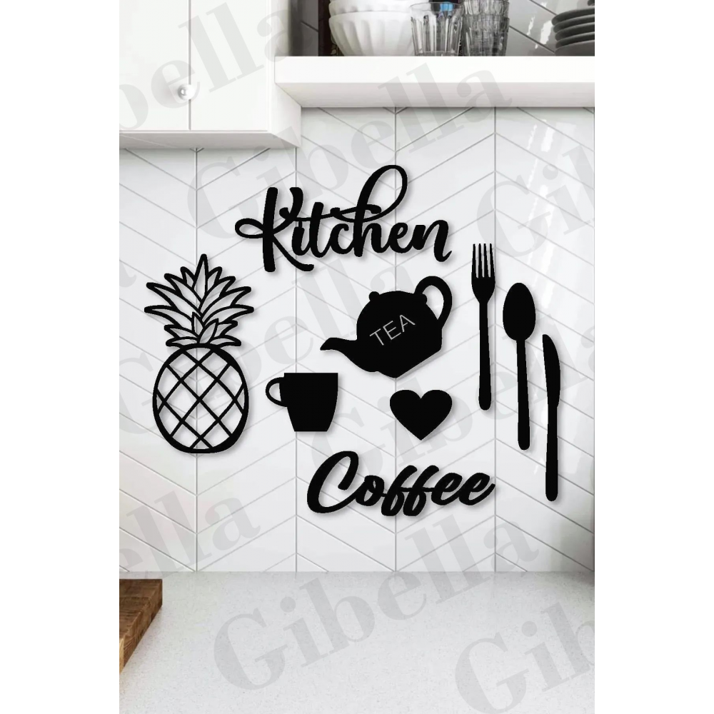 Kitchen Mutfak Kahve Köşesi Ananas 9 Parça Lazer Kesim Ahşap Duvar Dekorasyon Ürünü Duvar Süsü Tablo
