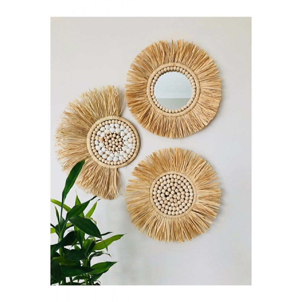Rafya 3 Lü Ayna Seti Yelpaze Duvar Süsü Boncuk Ayna Hasır Ayna Bohem Ayna El Yapımı Ayna Rafya