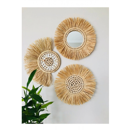 Rafya 3 Lü Ayna Seti Yelpaze Duvar Süsü Boncuk Ayna Hasır Ayna Bohem Ayna El Yapımı Ayna Rafya