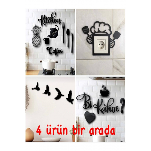 Kitchen 9 Parça + Mutfak Priz + Bi Kahve + 4'lü Kuş Duvar Dekoru 4 Ürün 1 Arada