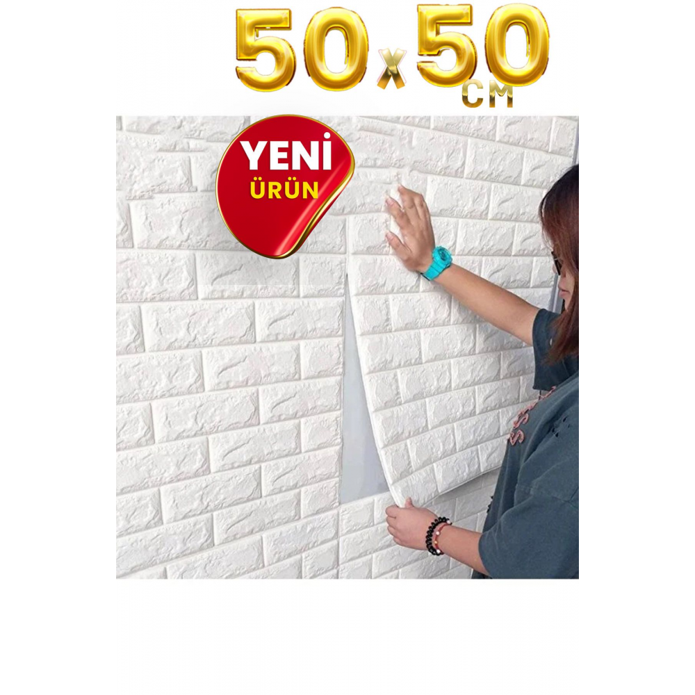 50x50cm(0,25M2) Kendinden Yapışkanlı Beyaz Esnek Sünger Beyaz Tuğla Duvar Kağıdı Paneli Köpük