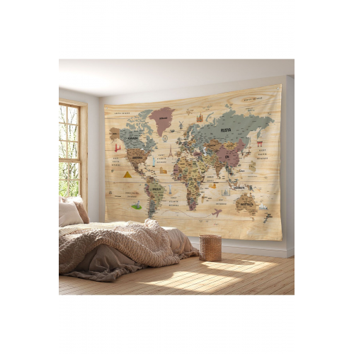 Duvar Örtüsü / Halısı Güncel Türkçe Dünya Haritası Ahşap Görünümlü-3984