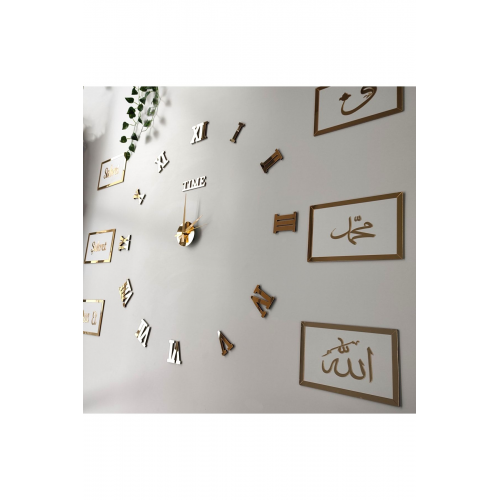 3d Roma Rakamlı Saat Ve Sabret Şükret Dua Et Allah Muhammed Vav Pano Set (beyazaltın)