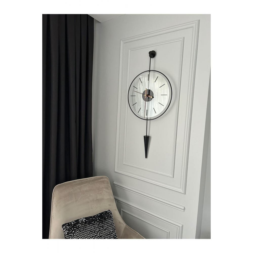 Gravity Pendulum Siyah 37 X 75 , Camlı Modern Dekoratif Sarkaçlı Metal Duvar Saatii