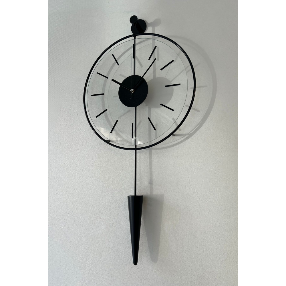 Gravity Pendulum Siyah 37 X 75 , Camlı Modern Dekoratif Sarkaçlı Metal Duvar Saatii