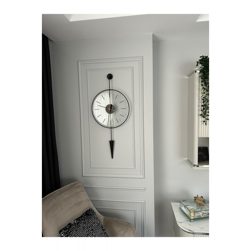 Gravity Pendulum Siyah 37 X 75 , Camlı Modern Dekoratif Sarkaçlı Metal Duvar Saatii