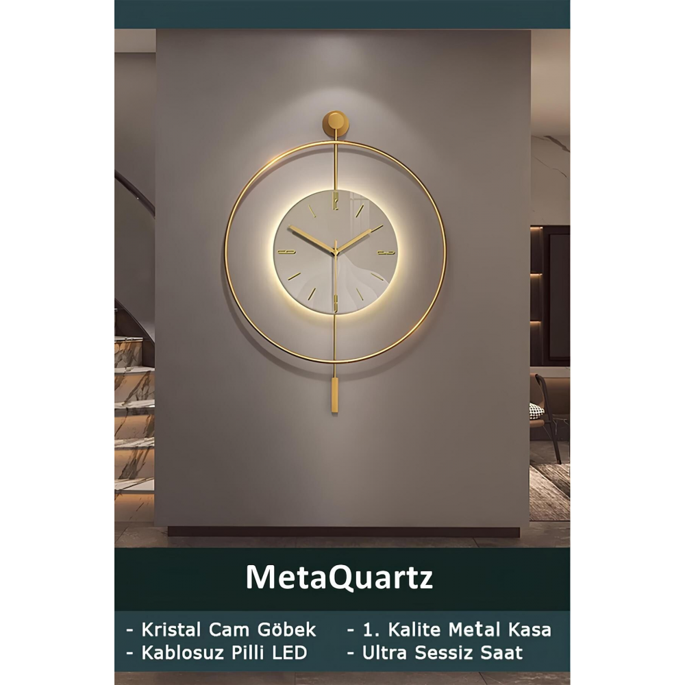 Orta Boy Timelles Kristal (QUARTZ MEKANİZMALI) - Pilli Led - Modern Dekoratif Metal Camlı Duvar Saat