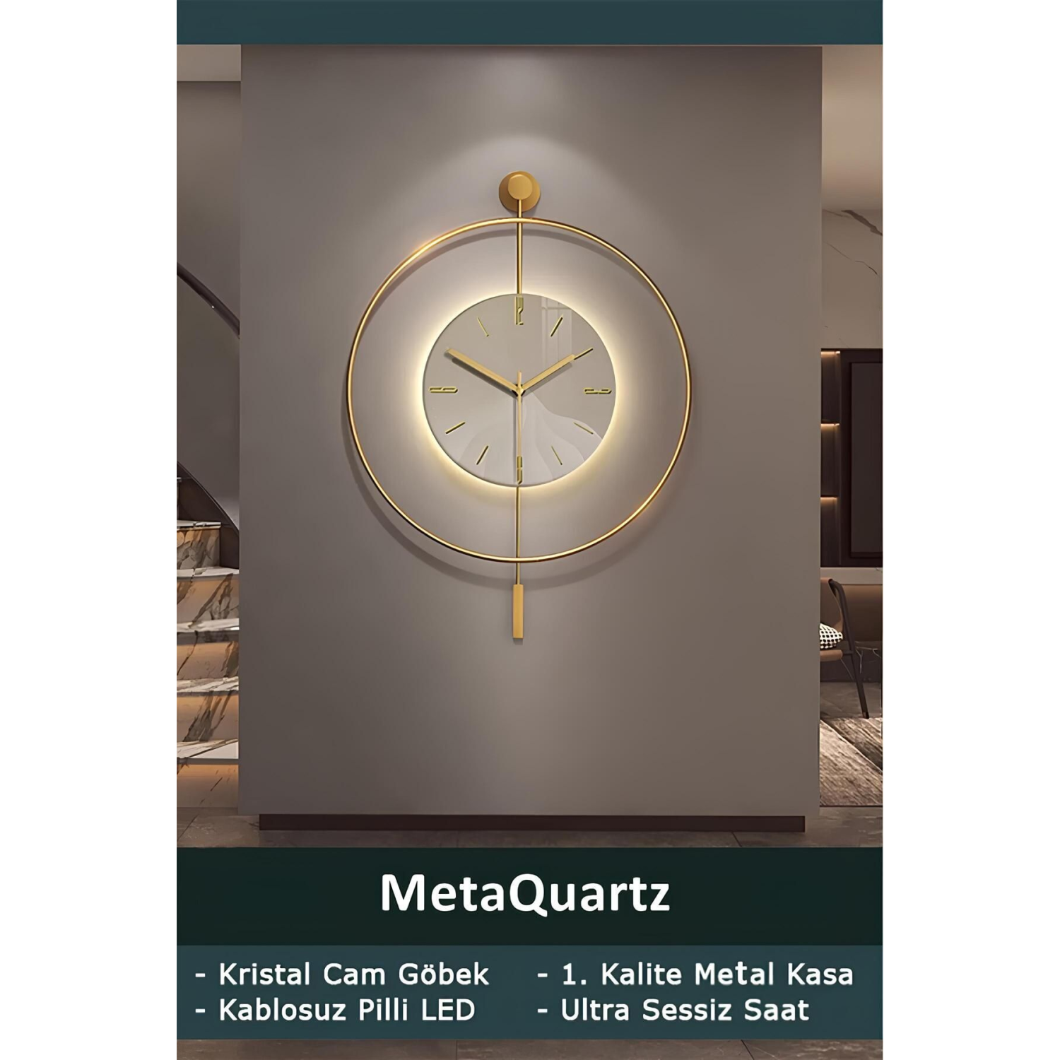 Orta Boy Timelles Kristal (QUARTZ MEKANİZMALI) - Pilli Led - Modern Dekoratif Metal Camlı Duvar Saat