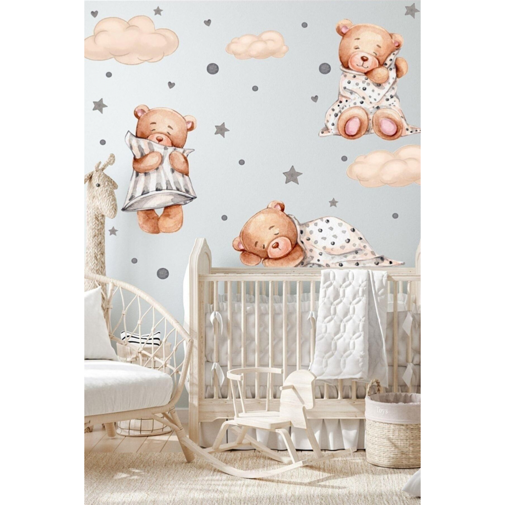 3'lü Uyuyan Ayıcık Bulutlar Ve Yıldızlar Çocuk Bebek Odası Sticker Seti