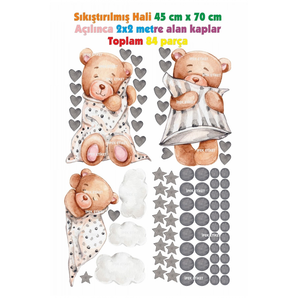 3'lü Uyuyan Ayıcık Bulutlar Ve Yıldızlar Çocuk Bebek Odası Sticker Seti