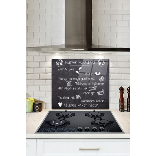 Cam Ocak Arkası Koruyucu | Mutfak Kuralları - Kara Tahta Görünümlü | 52cm X 60cm