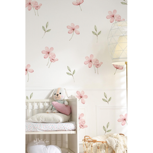 Pembe Çayır ve Kır Çiçekleri Yapraklar Sticker Seti, Çocuk Bebek Odası Çiçek Sticker Seti