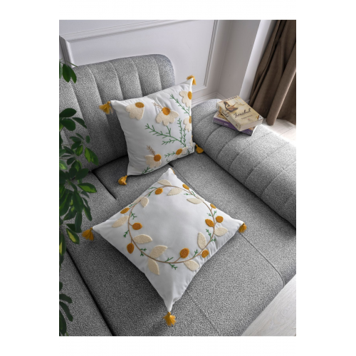 Beyaz Kumaş Punch Nakışlı 2 Adet Kırlent Kılıfı