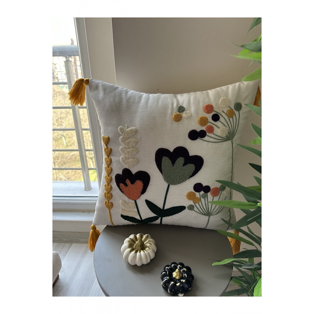 Starstalıa Home Beyaz Kumaş Punch Nakışlı 2 Adet Kırlent Kılıfı