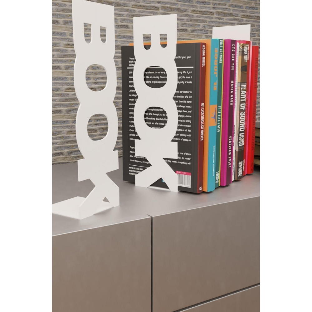 Dekoratif Beyaz Dikey Book Yazı Tasarımlı Metal Kitap Tutucu(İkili Set) MK11B