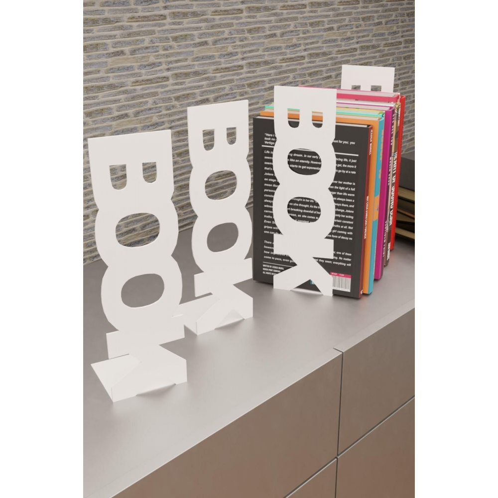 Dekoratif Beyaz Dikey Book Yazı Tasarımlı Metal Kitap Tutucu(İkili Set) MK11B