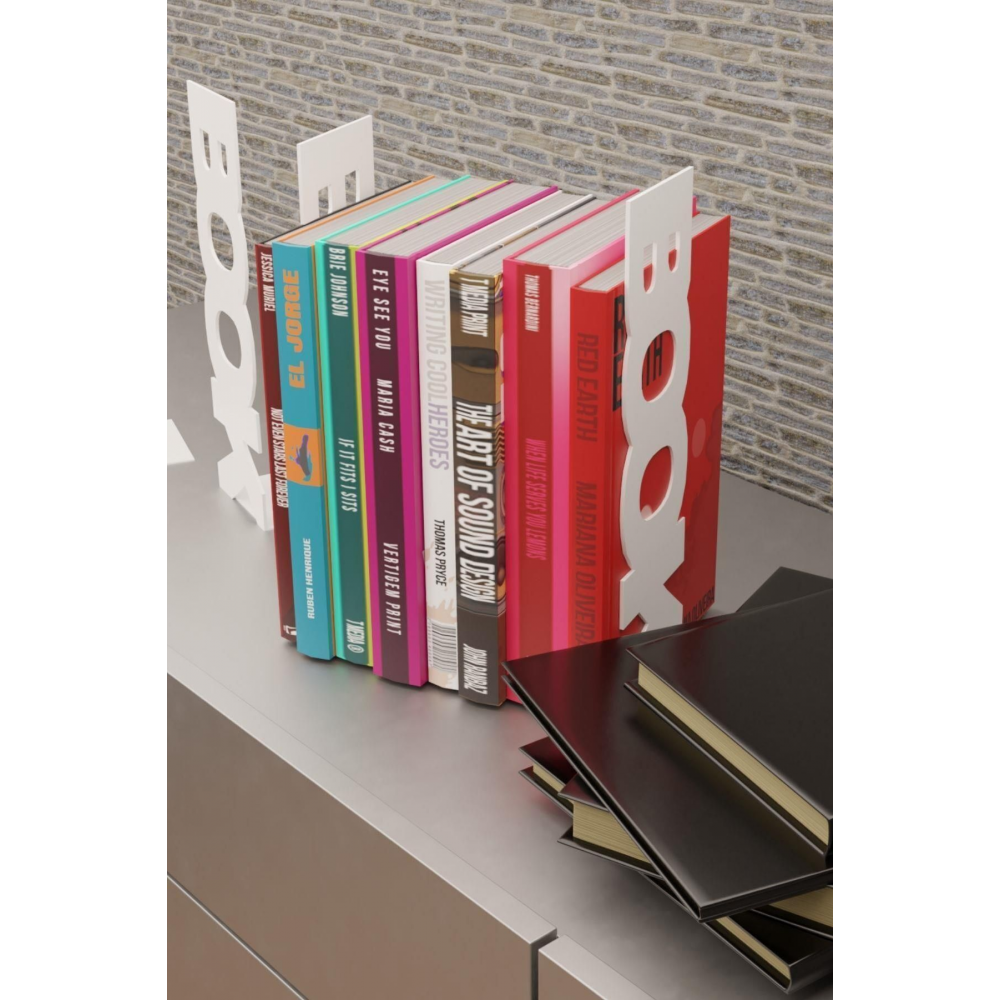 Dekoratif Beyaz Dikey Book Yazı Tasarımlı Metal Kitap Tutucu(İkili Set) MK11B